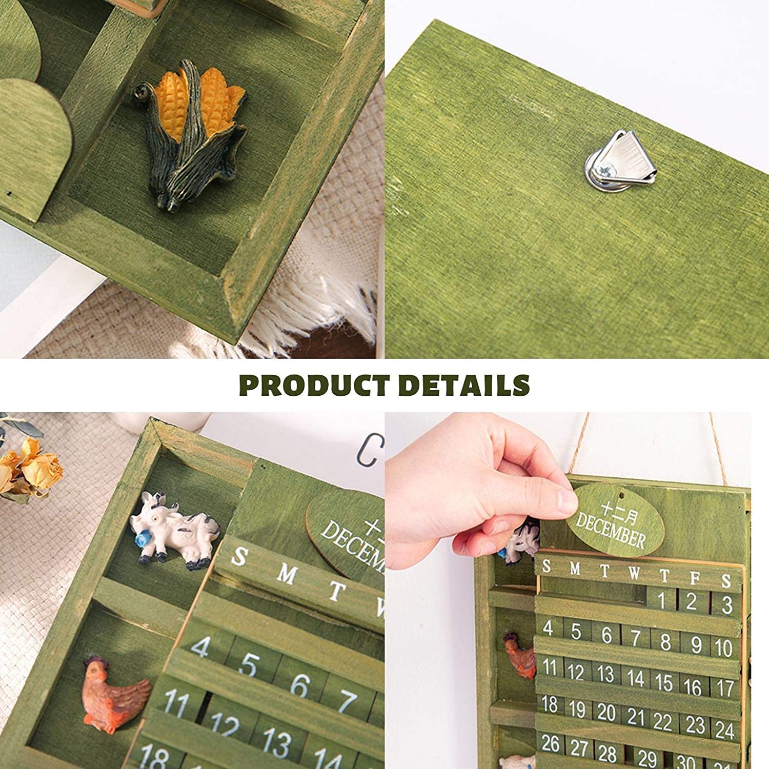 Amazon | カレンダー 木製 レトログリーン 壁掛け インテリア 万年